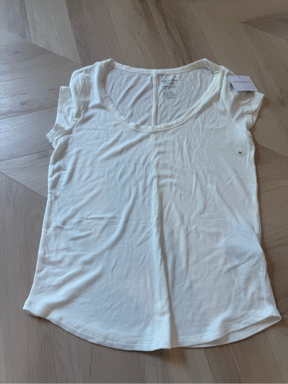 American Eagle Outfitters Cream Ribbed Scoop Neck Short Sleeve Tee